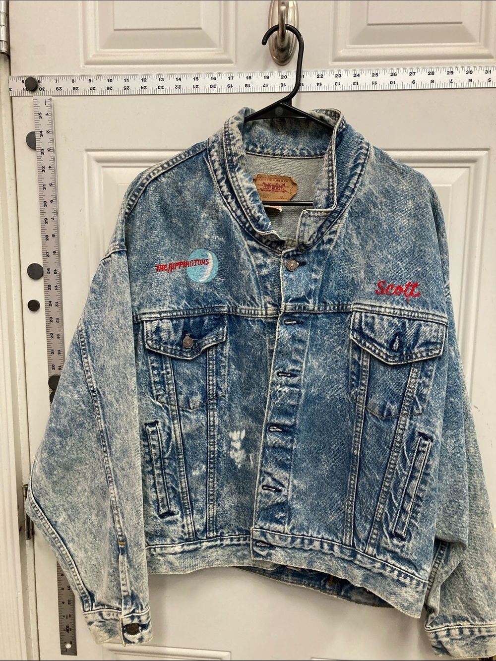 Levi's, Light Wash, Denim, Jacket, with Brown Patch, and Red Logo